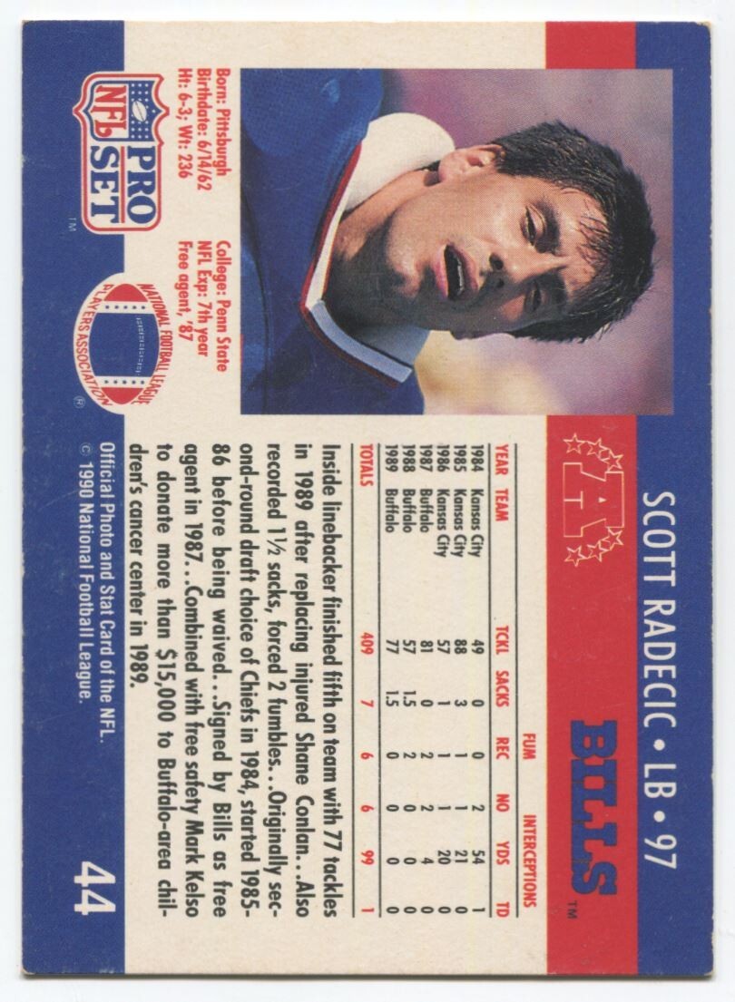 NFL 1990 Pro Set - #44 Scott Radecic (RC) Excellent