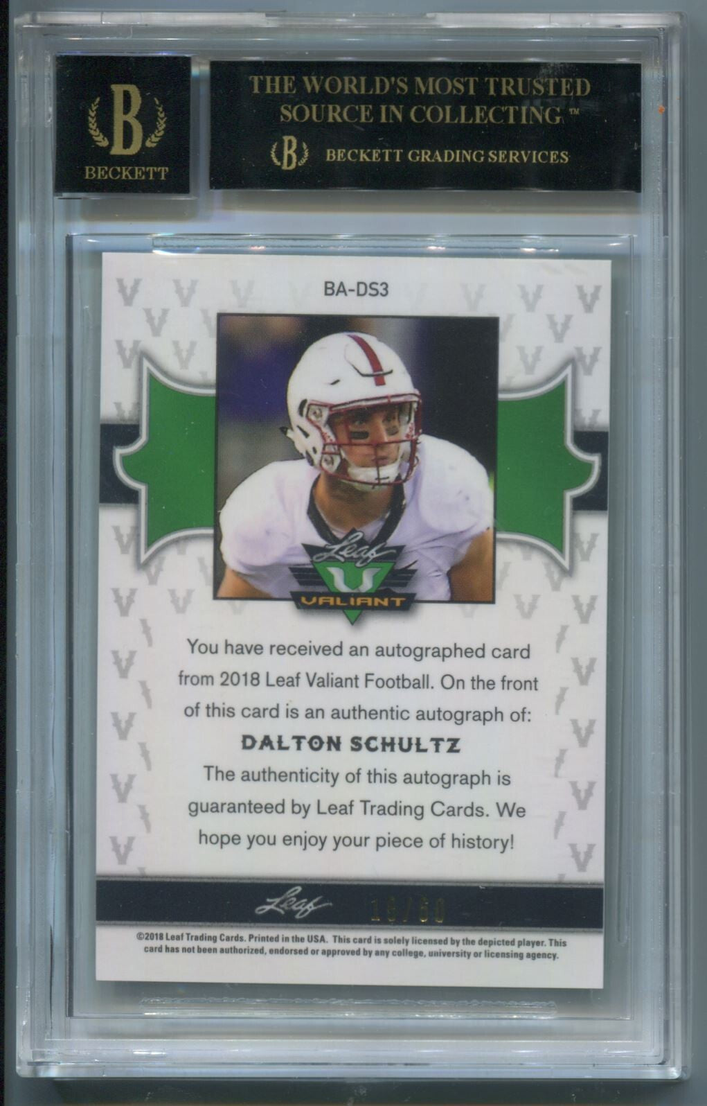 NFL 2018 Leaf Valiant Green #BA-DS3 Dalton Schultz /60 (AU, RC) BGS 10 Black