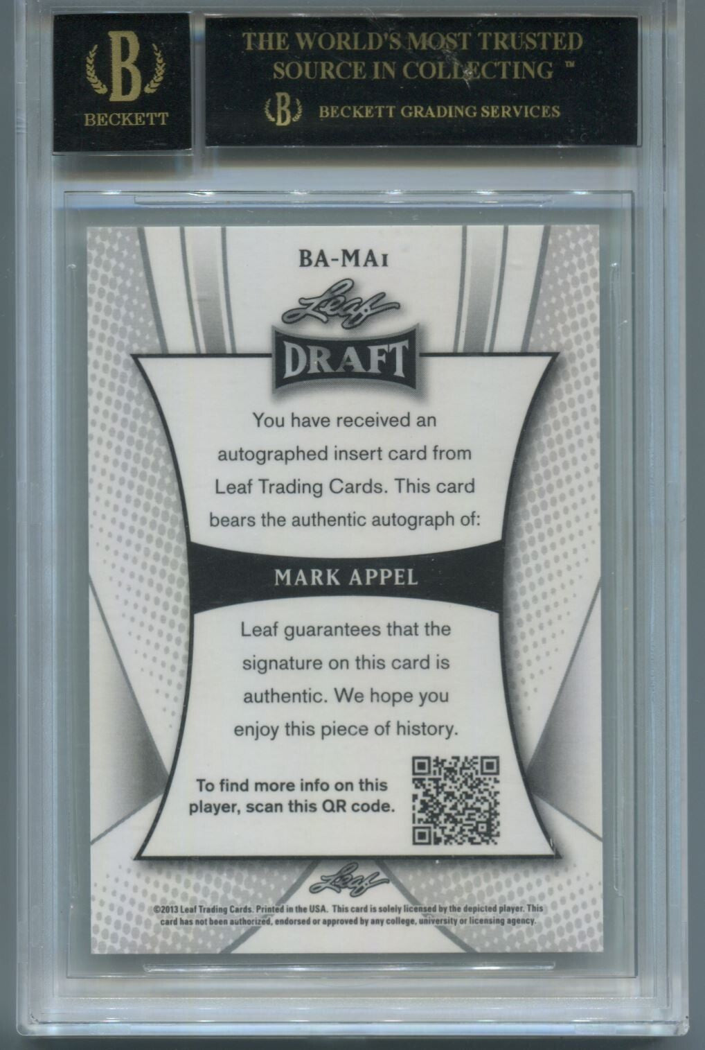 MLB 2013 Leaf Mark Appel Refractor #BA-MA1 (AU) BGS 10 Black Label Pristine