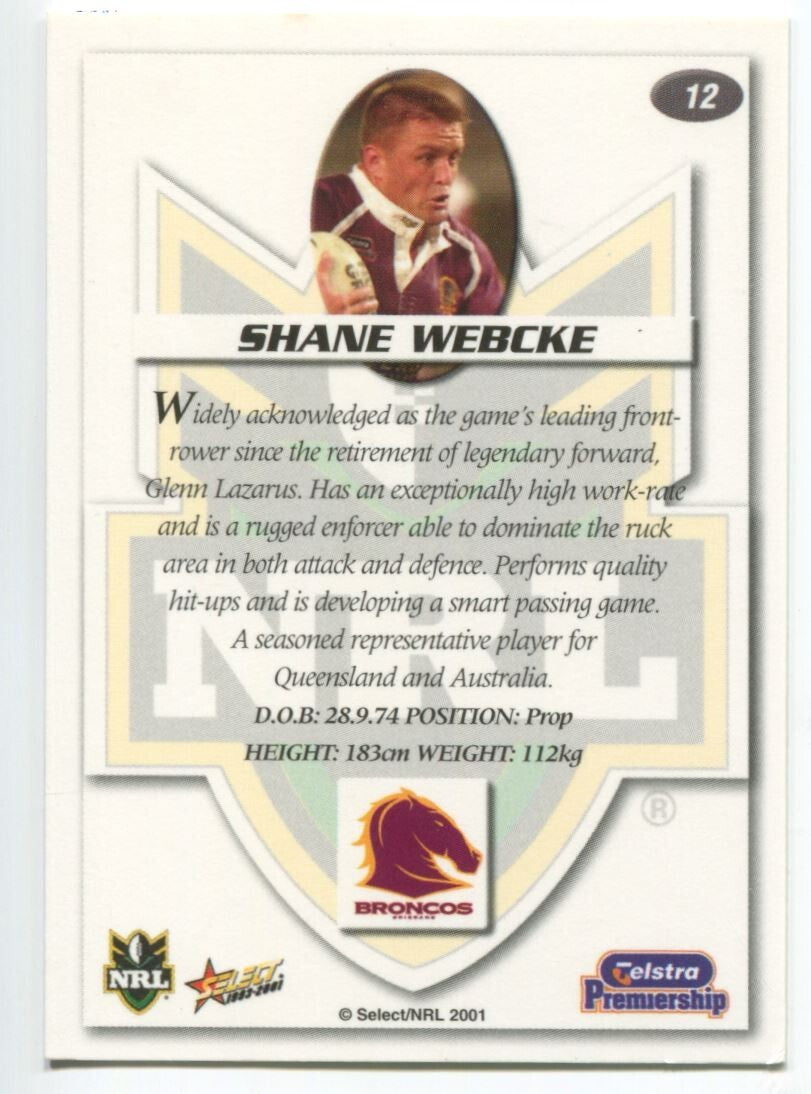 NRL 2001 Select Impact Brisbane Broncos Shane Webcke #12 Near Mint