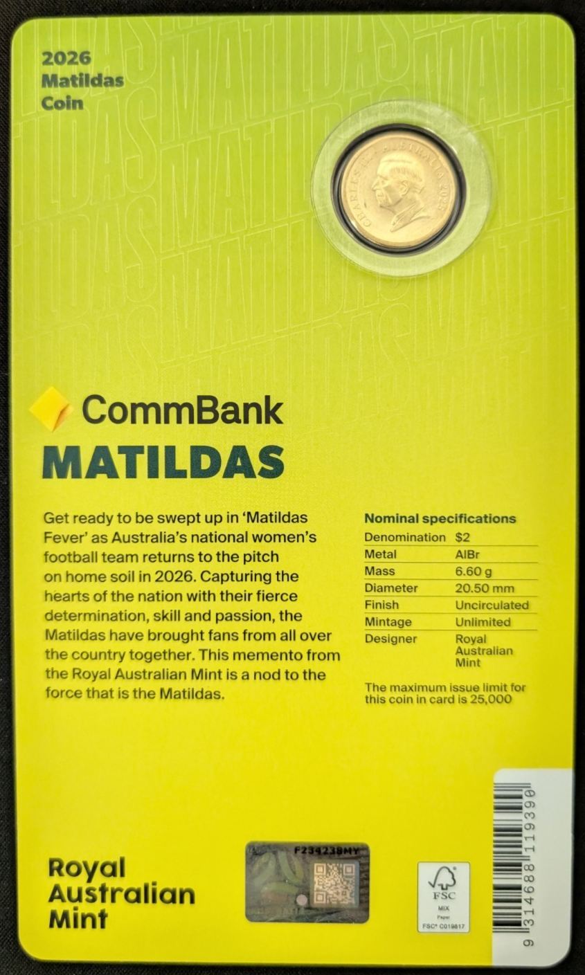 2026 UNC Coloured D1 Matildas $2 Collector Coin Presentation Card RAM