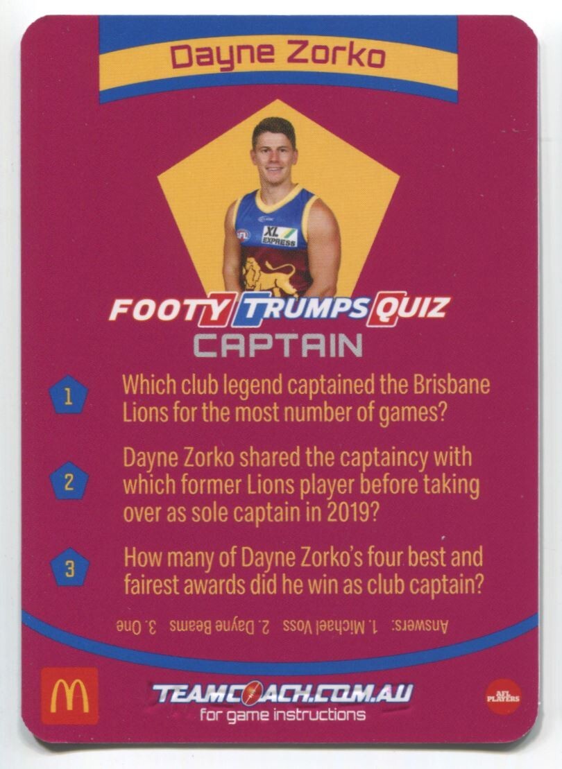 AFL 2021 McDonalds Captain Brisbane Lions Dane Zorko #C-02 Near Mint