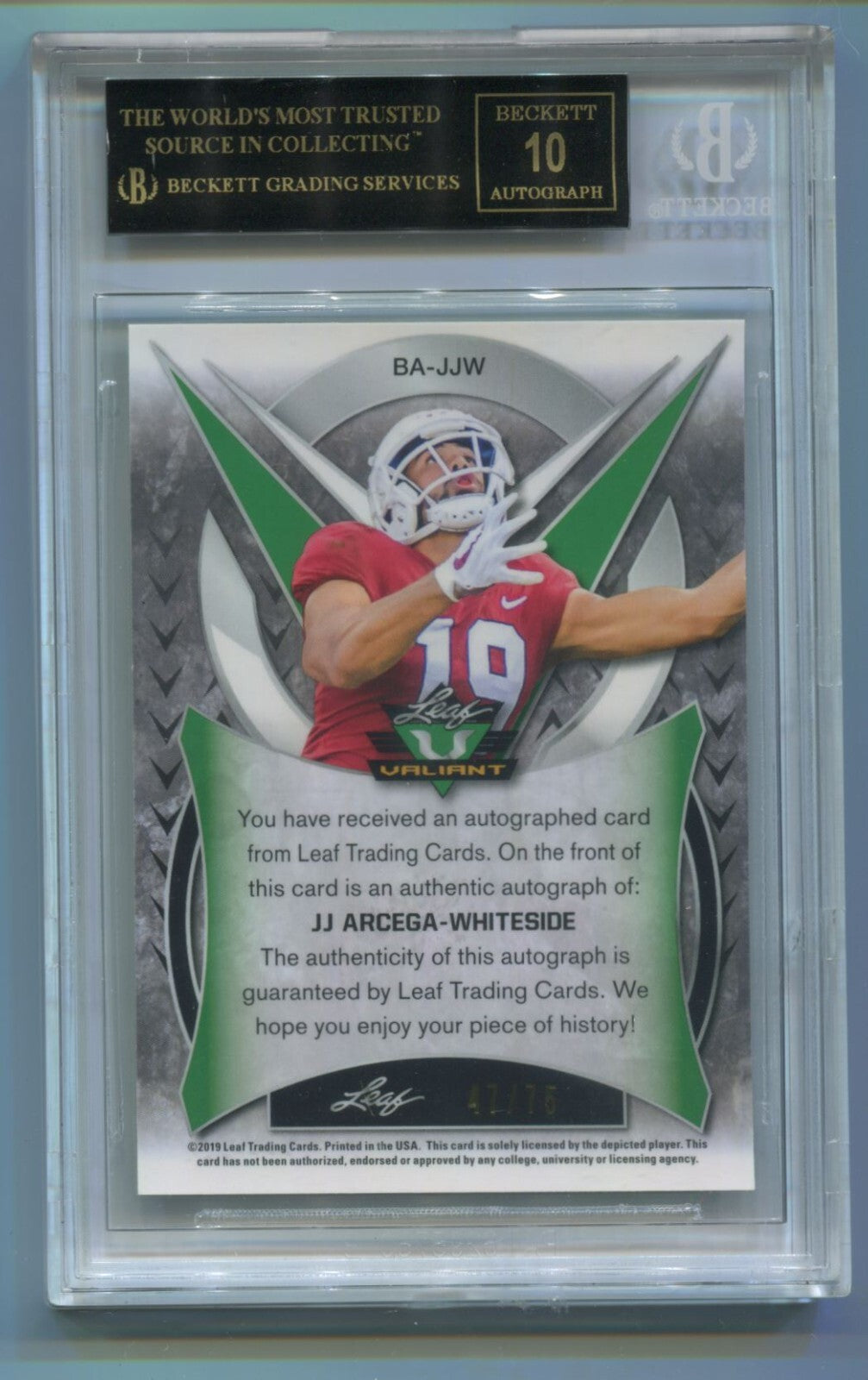 NFL 2019 Leaf Valiant Green J.J. Arcega-Whiteside /75 #BA-JJW (AU) BGS 10 Black
