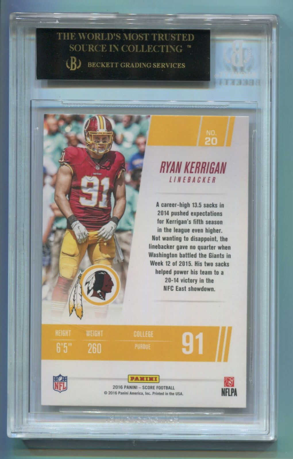 NFL 2016 Score Franchise Redskins #20 Ryan Kerrigan BGS 10 Black Label Pristine