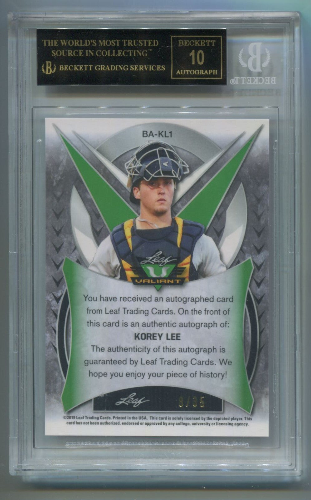 MLB 2019 Leaf Valiant Orange Korey Lee /35 #BA-KL1 (AU) BGS 10 Black Label