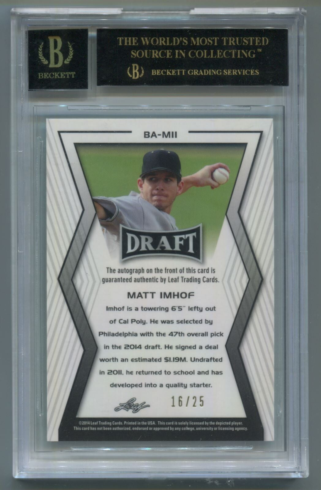 MLB 2014 Leaf Metal Draft Purple Matt Imhof /25 #BA-MI1 (AU) BGS 10 Black Label