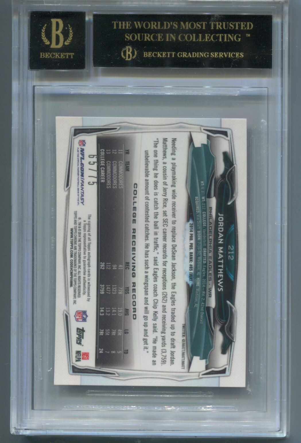 NFL 2014 Topps Chrome Mini Rookie BCA Pink #212 Jordan Matthews /75 (AU, RC) BGS
