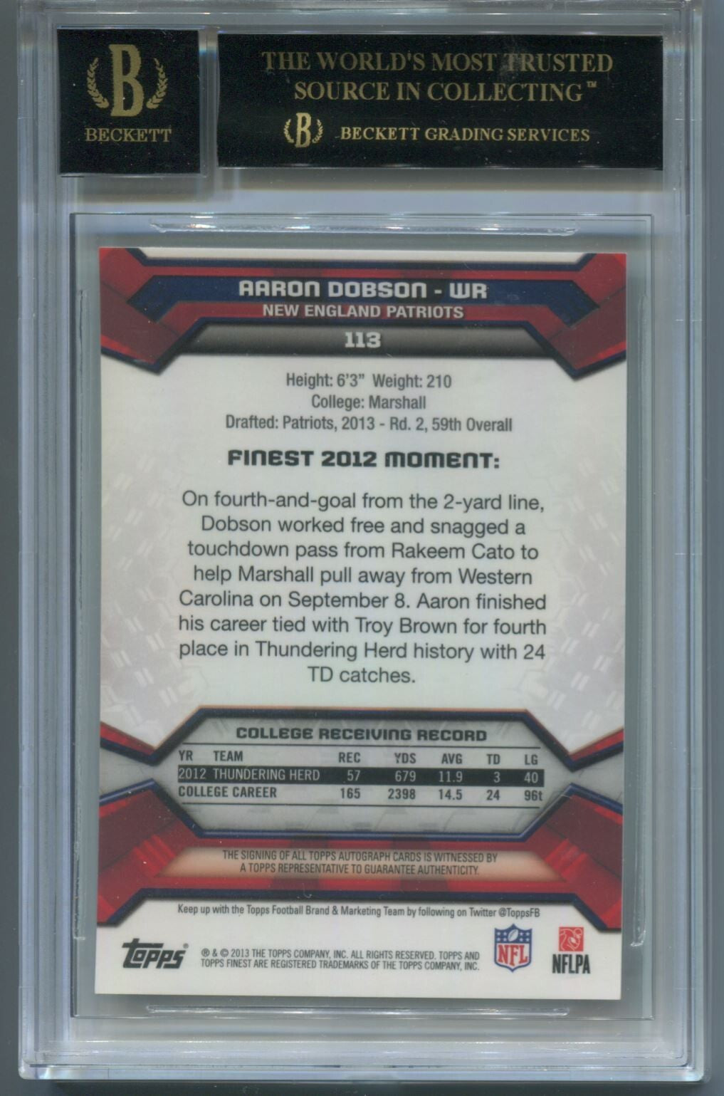 NFL 2013 Topps Finest Rookie Red Refractor #113 Aaron Dobson /50 (AU, RC) BGS 10