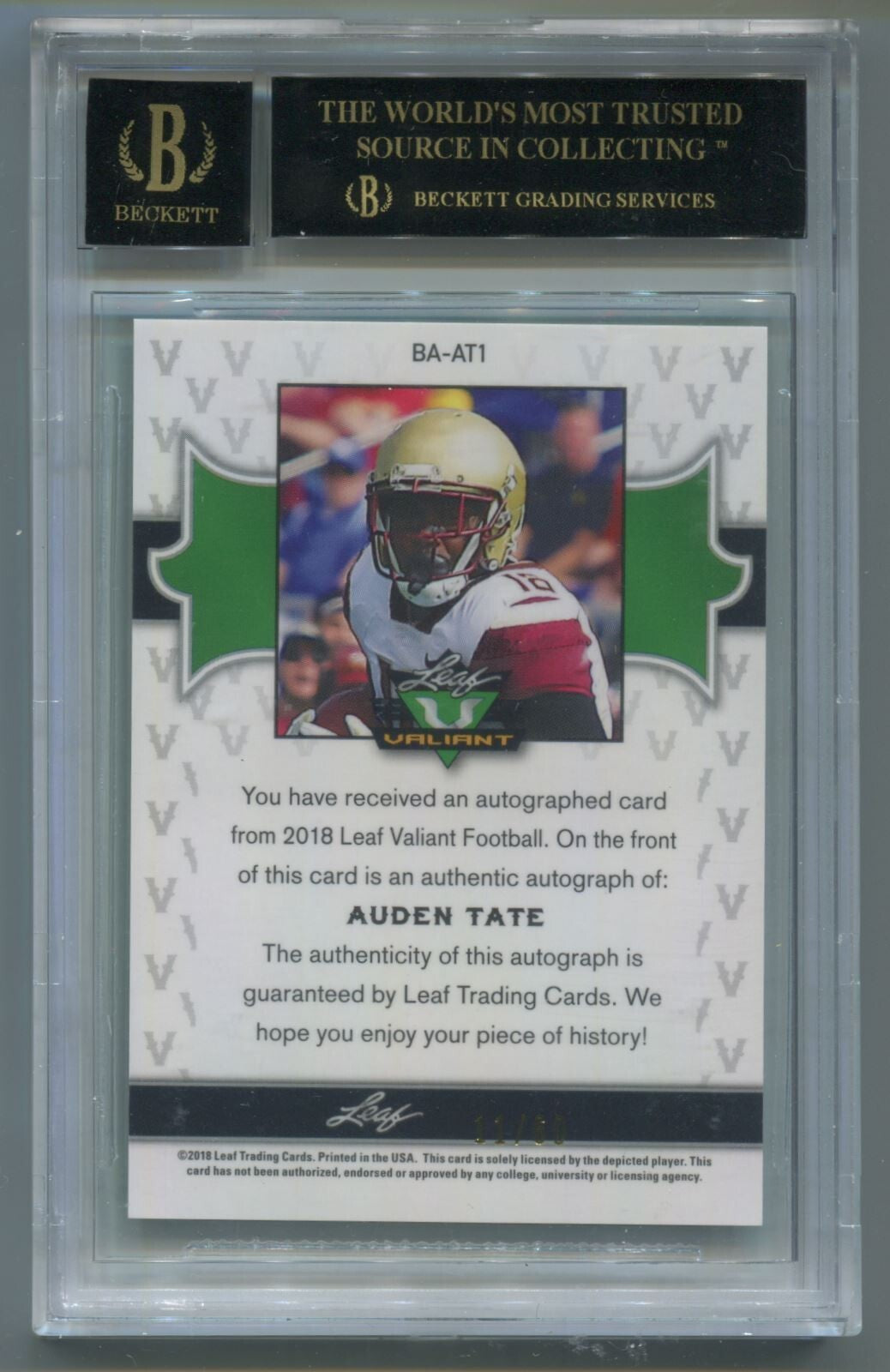 NFL 2018 Leaf Valiant Green Auden Tate /60 #BA-AT1 BGS 10 Black Label Pristine