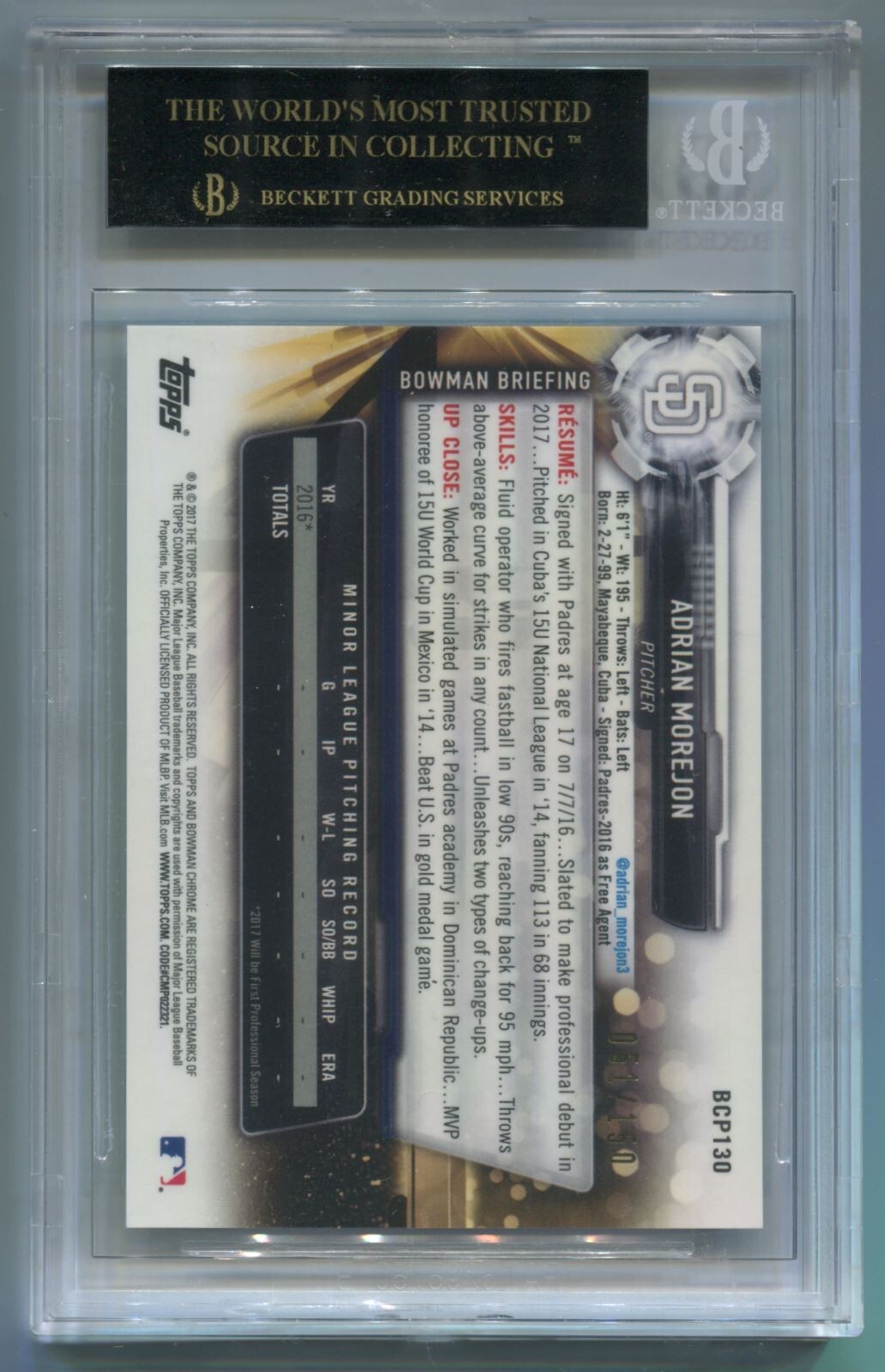 MLB 2017 Bowman Chrome Prospects Blue #BCP130 Adrian Morejon/150 (RC) BGS 10