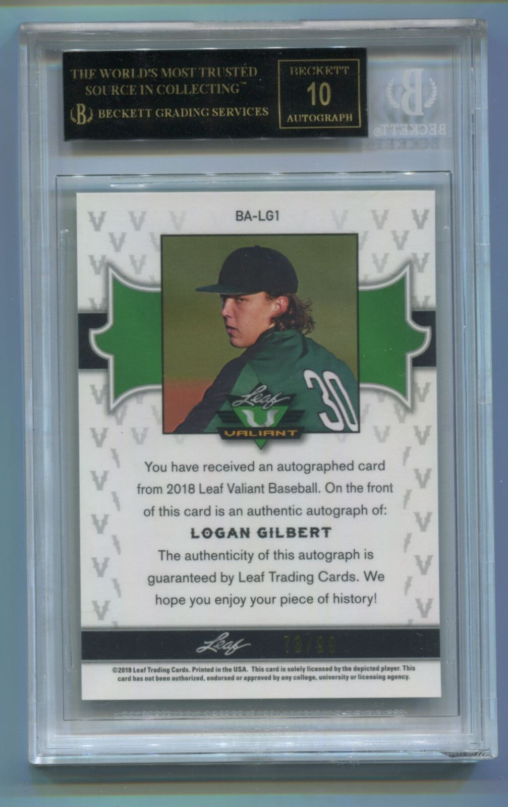 MLB 2018 Leaf Valiant Green Logan Gilbert /99 #BA-LG1 (AU) BGS 10 Black Label