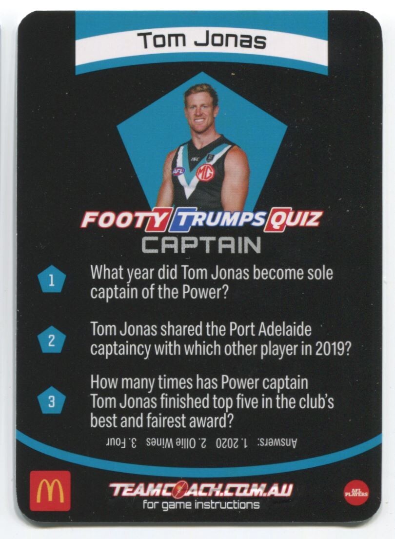 AFL 2021 McDonalds Captain Port Adelaide Power Tom Jonas #C-13 Near Mint