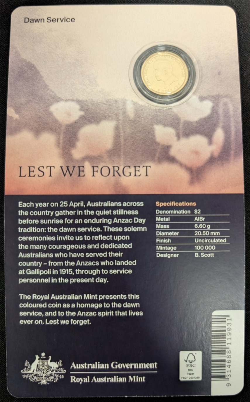 2026 UNC C Mintmark Coloured Dawn Service $2 Coin Presentation Card RAM