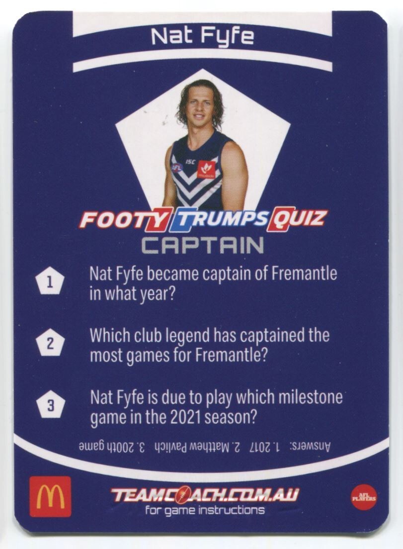 AFL 2021 McDonalds Captain Fremantle Dockers Nat Fyfe #C-06 Near Mint