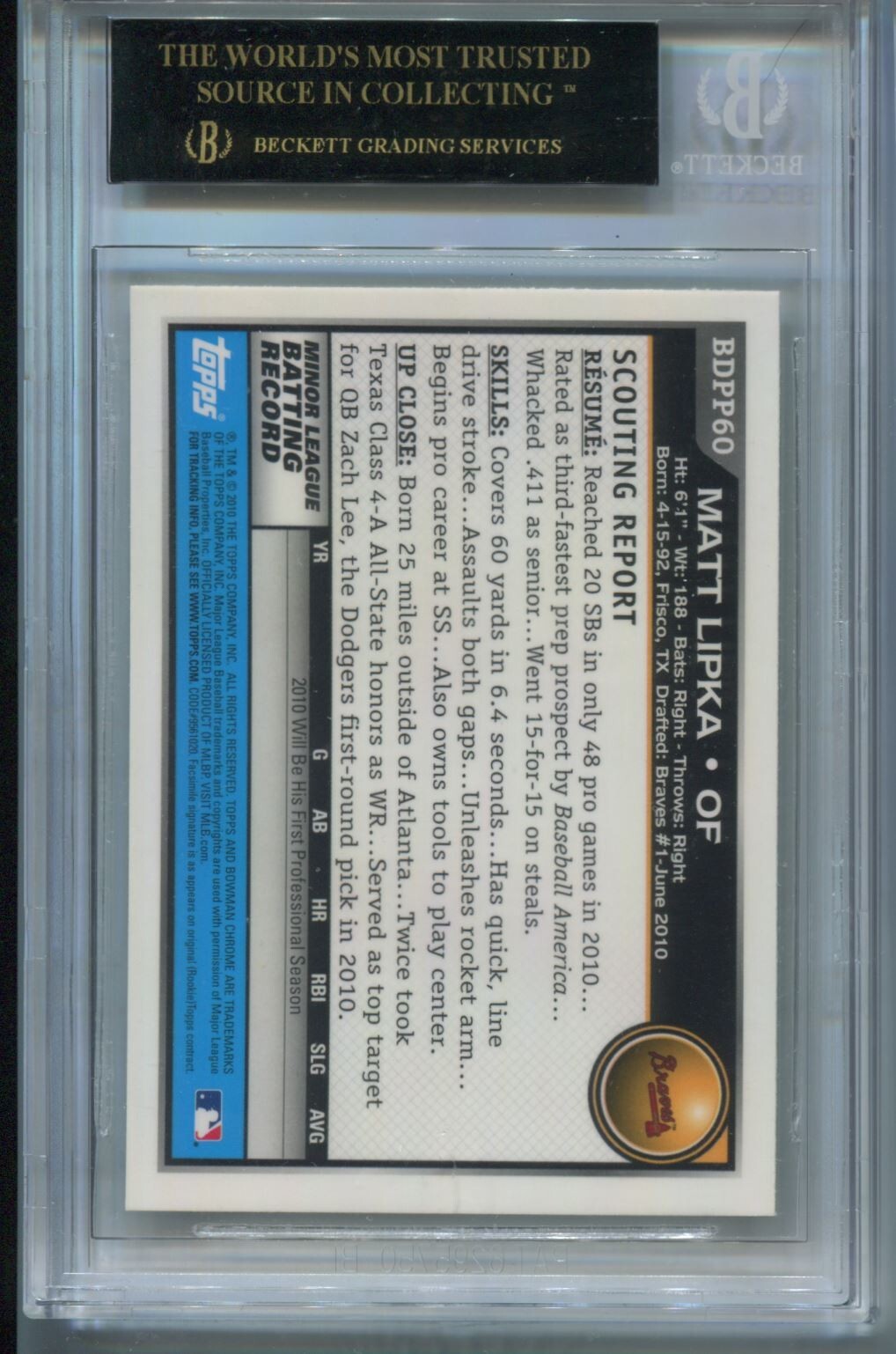 MLB 2010 Bowman Chrome Draft Picks #BDPP60 Matt Lipka (RC) BGS 10 Black Label