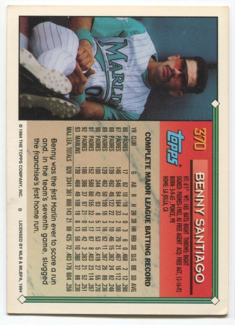 MLB 1994 Topps - #370 Benito Santiago Excellent
