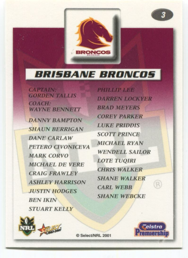 NRL 2001 Select Impact Brisbane Broncos #3 Near Mint