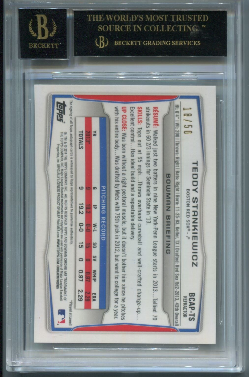 MLB 2014 Bowman Chrome Prospect /50 #BCAP-TS Teddy Stankiewicz (AU, RC) BGS 10