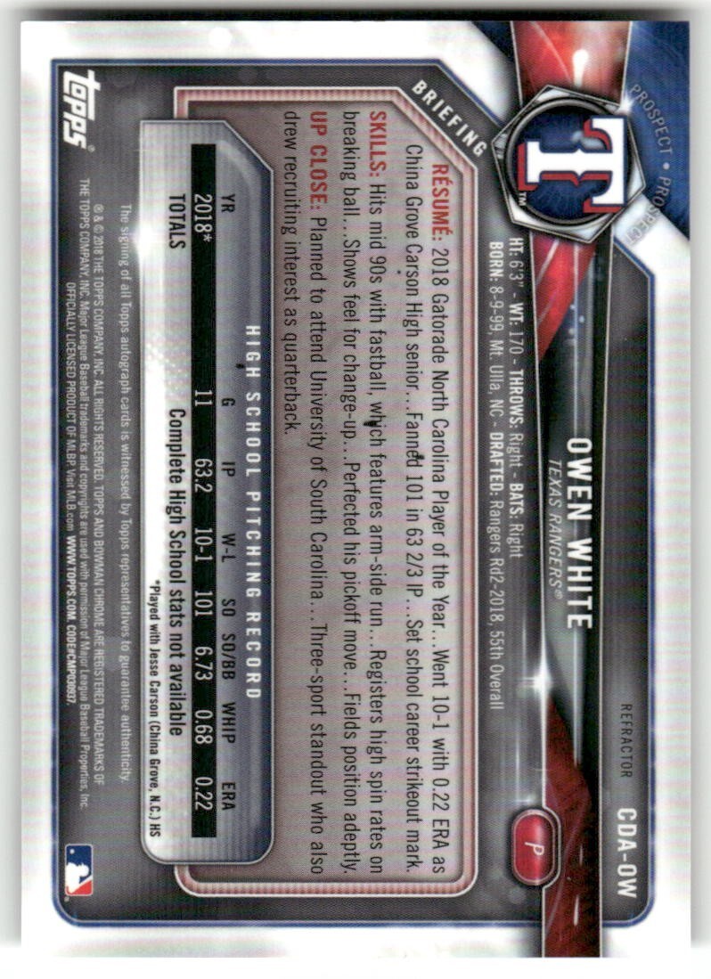 2018 Topps Chrome Prospect Auto Refractor Owen White /499 #CDA-OW (AU) Near Mint