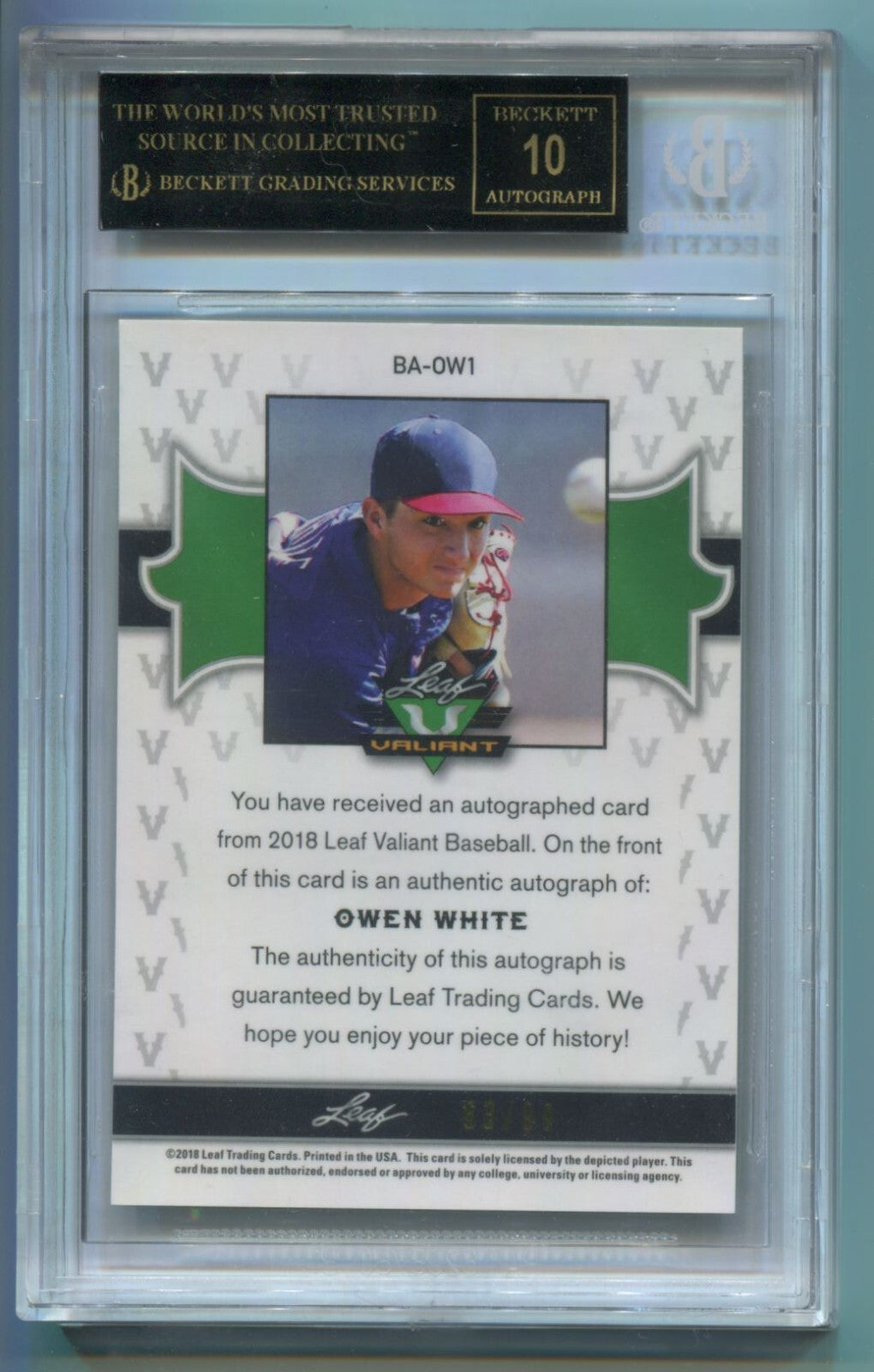 MLB 2018 Leaf Valiant Green Owen White /99 #BA-OW1 (AU) BGS 10 Black Label
