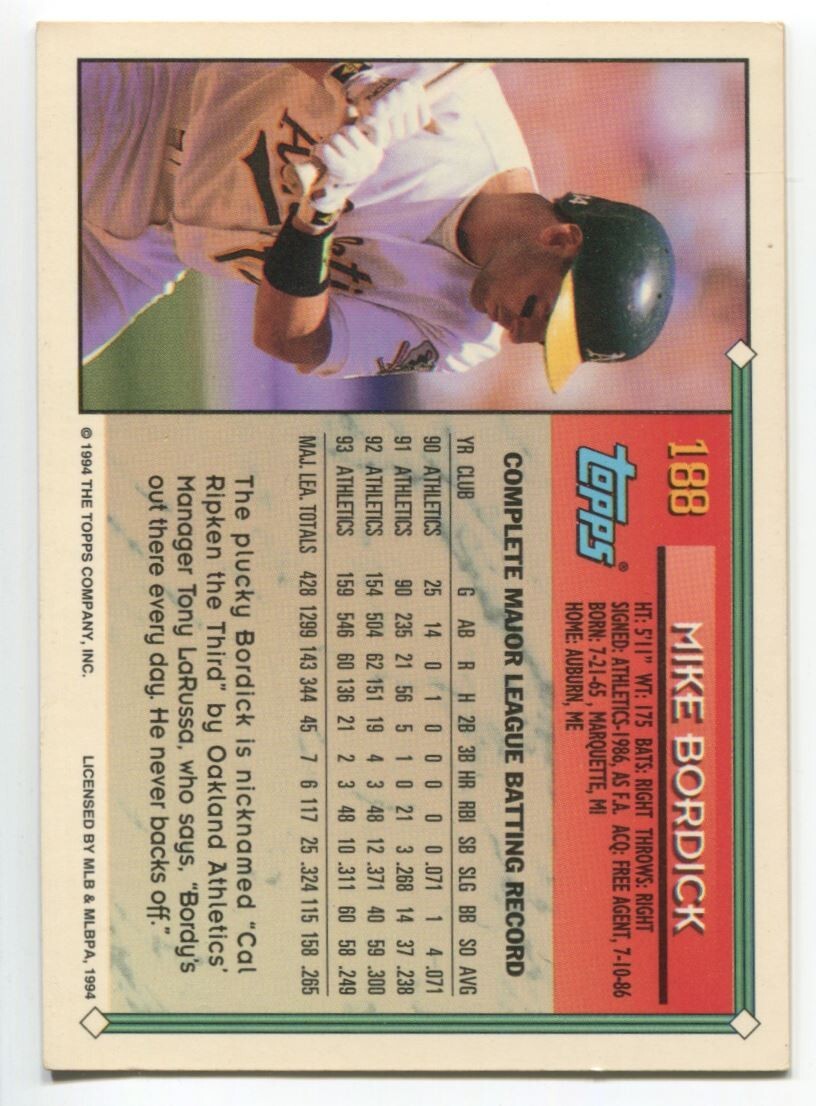 MLB 1994 Topps - #188 Mike Bordick Excellent