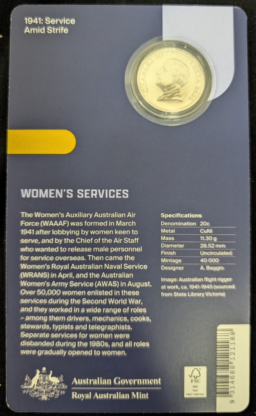 2026 UNC 20c Coloured Coin 1941 Service Amid Strife Women's Services Card RAM