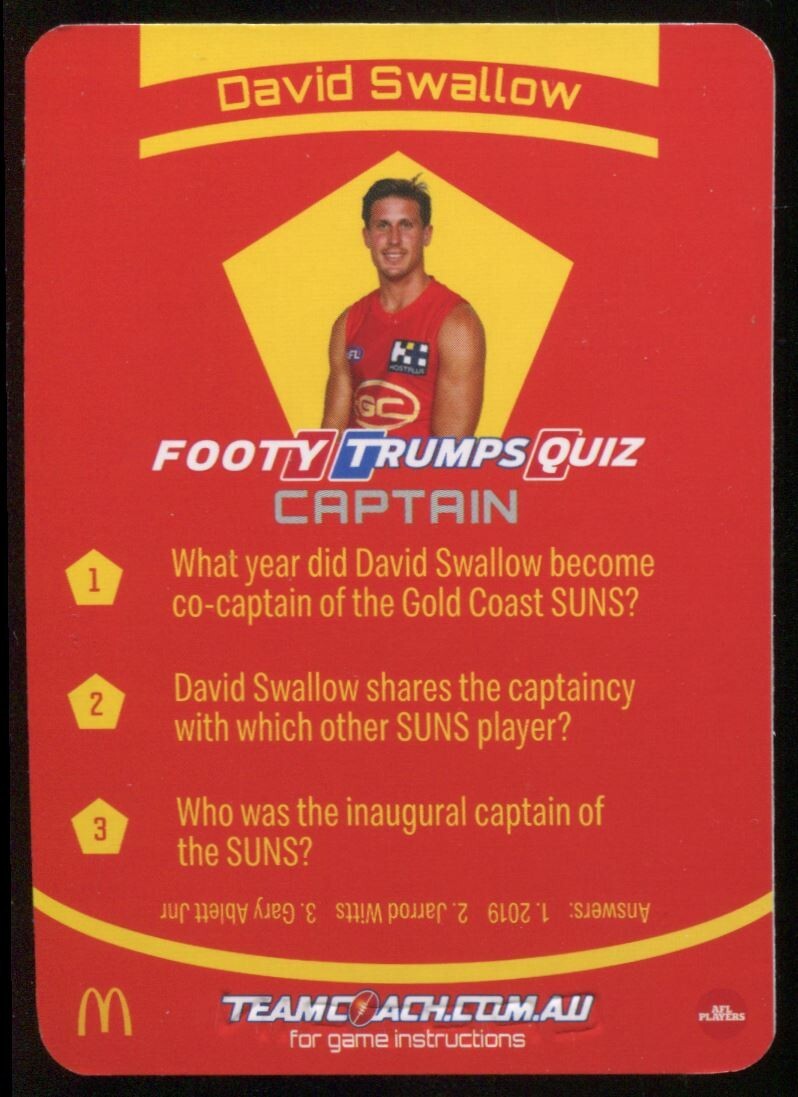 AFL 2021 McDonalds Captain Gold Coast Suns David Swallow #C-08 Near Mint