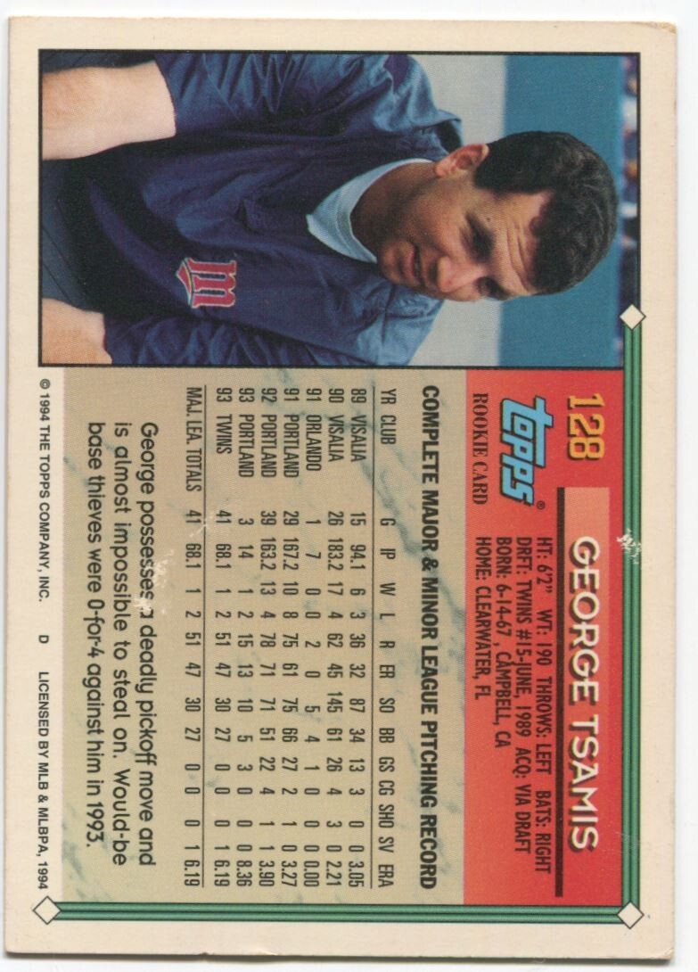 MLB 1994 Topps - #128 George Tsamis Excellent