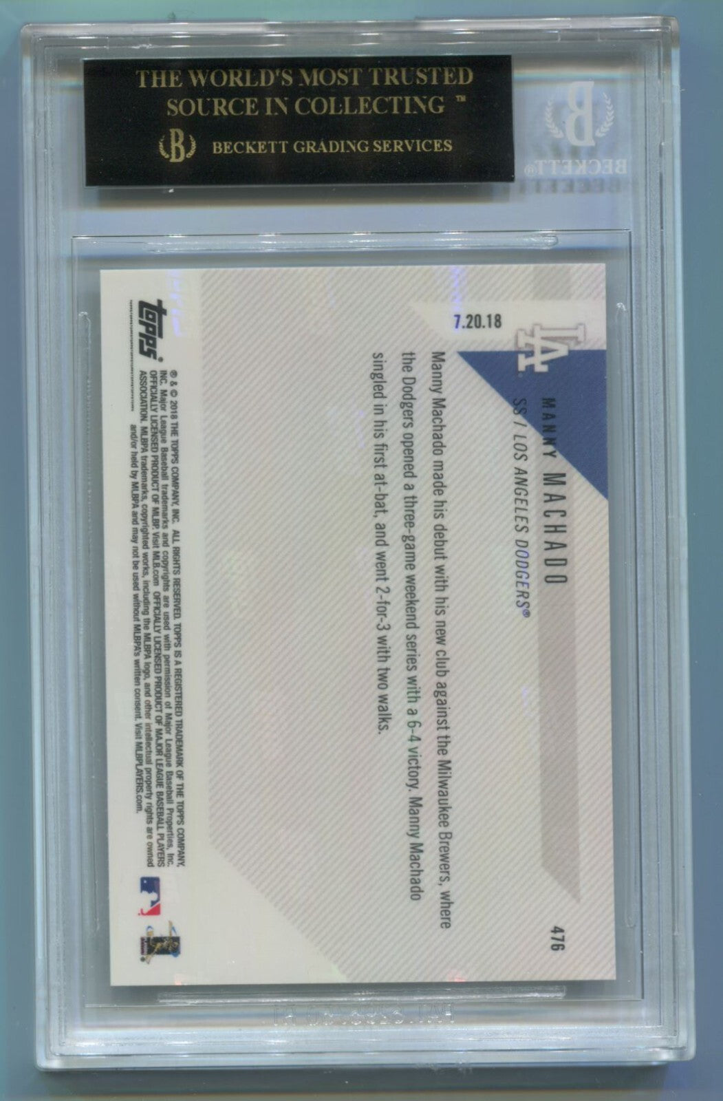MLB 2018 Topps Now #476 Manny Machado BGS 10 Black Label Pristine