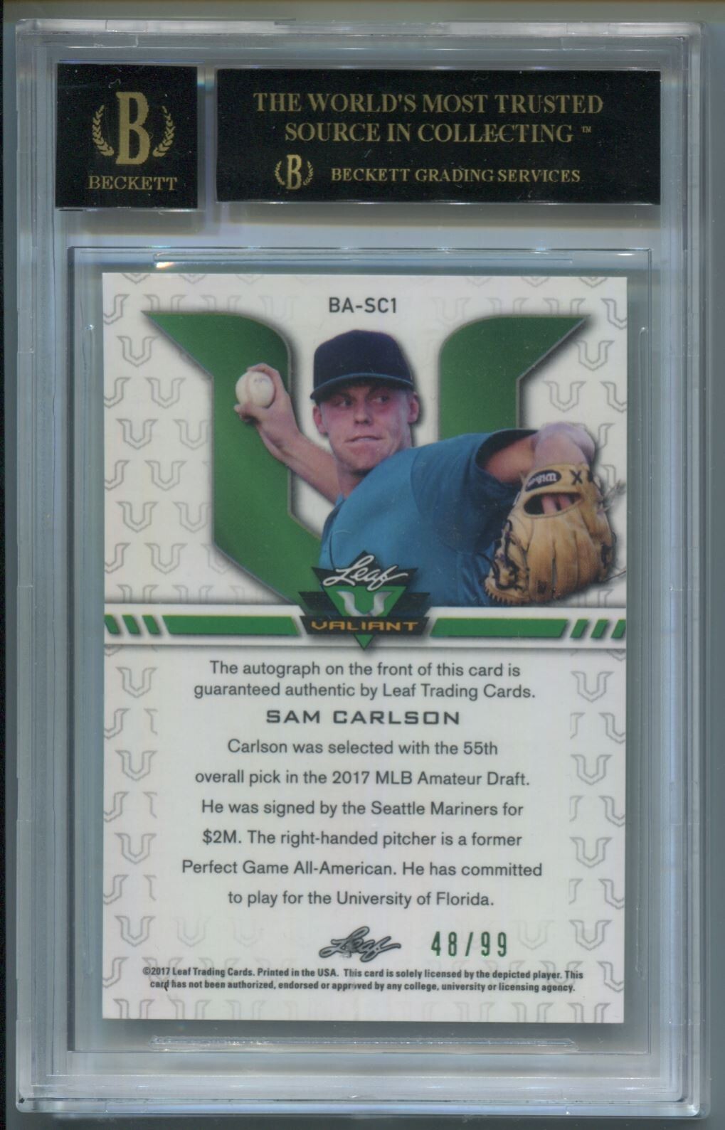 MLB 2017 Leaf Valiant Green Sam Carlson /99 #BA-SC1 BGS 10 Black Label Pristine