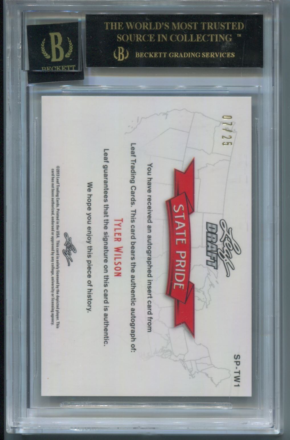 NFL 2013 Leaf Metal Draft State Pride /25 #SP-TW1 Tyler Wilson (AU, RC) BGS 10