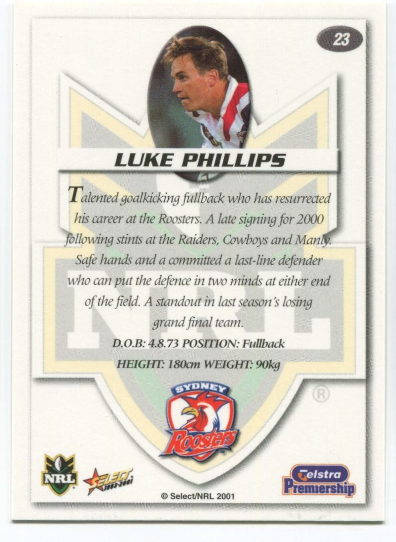 NRL 2001 Select Impact Sydney Roosters Luke Phillips #23 Near Mint