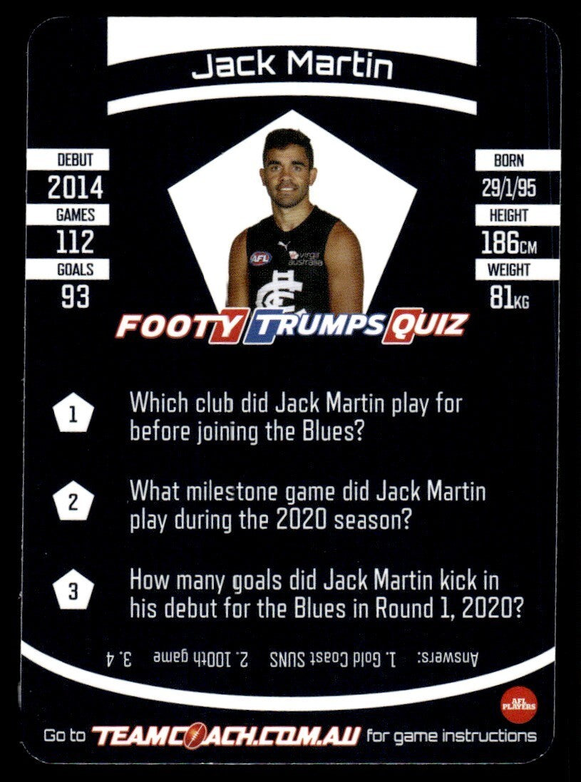 AFL 2021 McDonalds Carlton Jack Martin #154 Near Mint