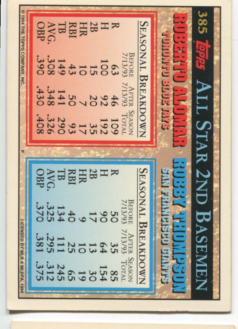 MLB 1994 Topps 1993 Topps All Stars #385 Roberto Alomar Robby Thompson Excellent