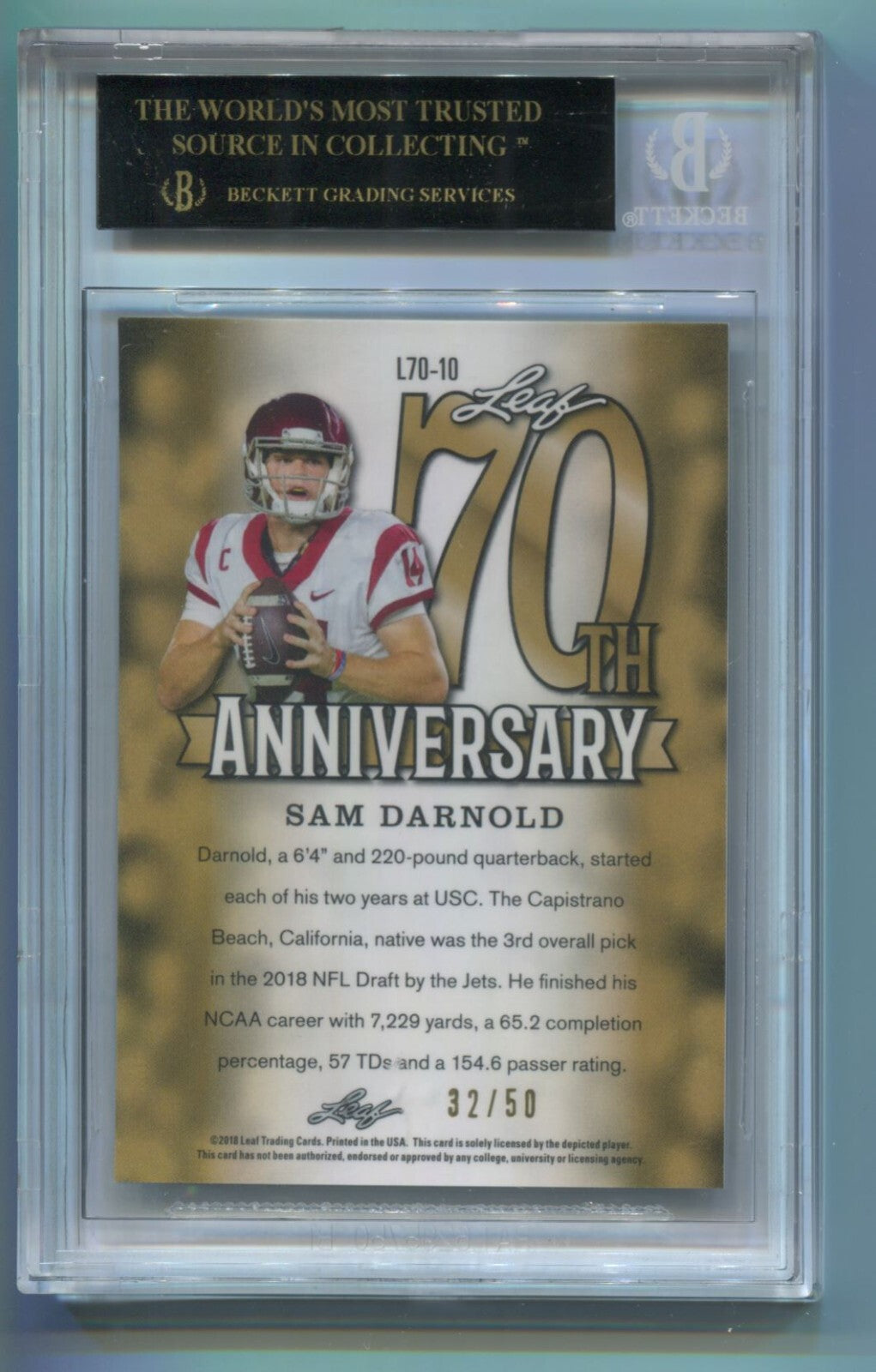 NFL 2018 Leaf 70th Anniversary Blue #L70-10 Sam Darnold /50 BGS 10 Black Label