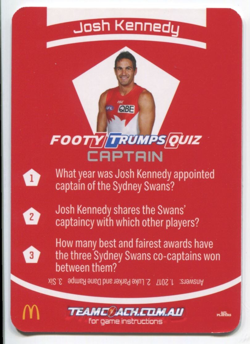 AFL 2021 McDonalds Captain Sydney Swans Josh Kennedy #C-16 Near Mint