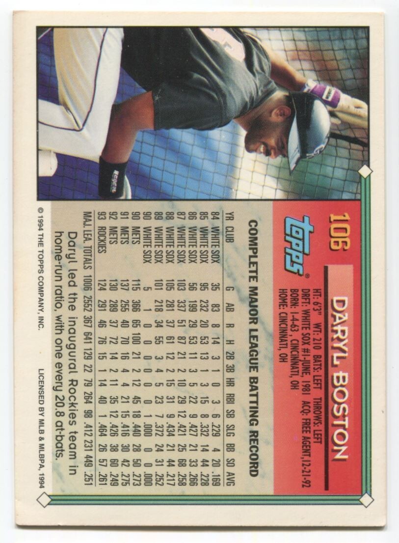 MLB 1994 Topps - #106 Daryl Boston Excellent
