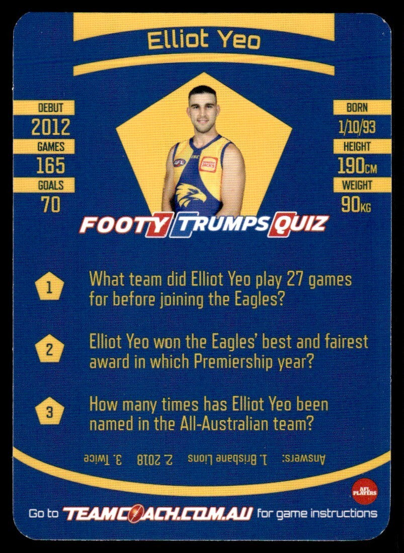 AFL 2021 McDonalds West Coast Eagles Elliot Yeo #139 Near Mint