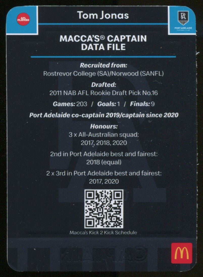 AFL 2023 McDonalds Captain Port Adelaide Power Tom Jonas #C-13 Near Mint