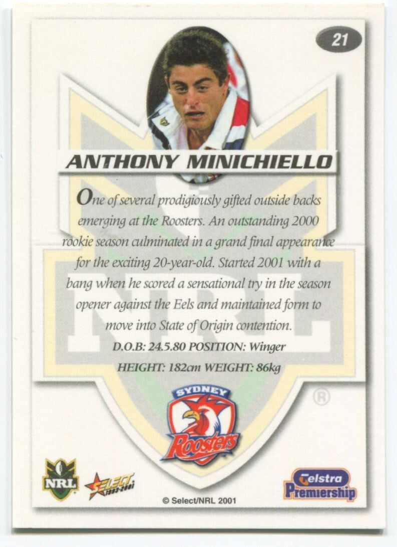 NRL 2001 Select Impact Sydney Roosters Anthony Minichiello #21 Near Mint