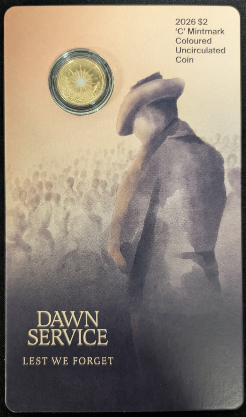 2026 UNC C Mintmark Coloured Dawn Service $2 Coin Presentation Card RAM