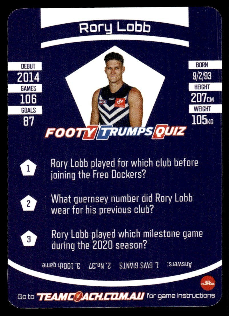 AFL 2021 McDonalds Fremantle Rory Lobb #163 Near Mint