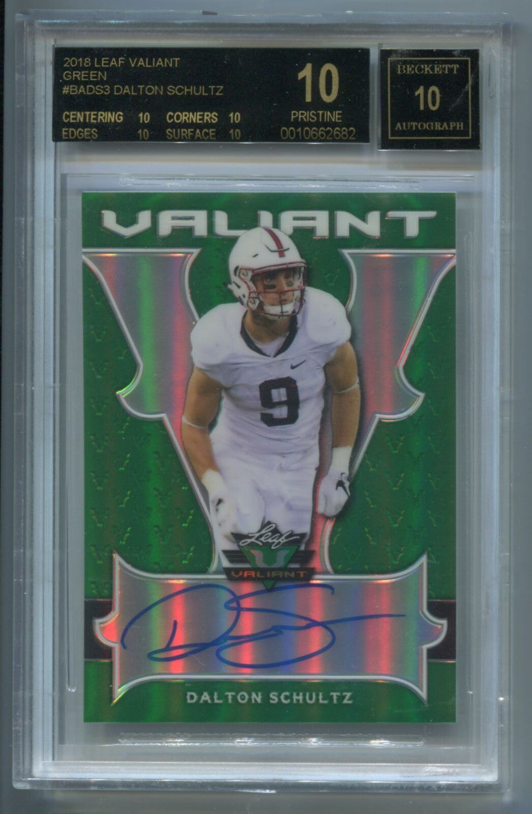 NFL 2018 Leaf Valiant Green #BA-DS3 Dalton Schultz /60 (AU, RC) BGS 10 Black