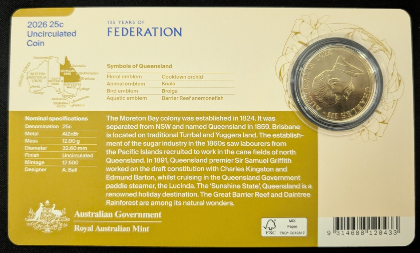 2026 UNC 125 Years of Federation QLD 25c Collector Coin Presentation Card RAM