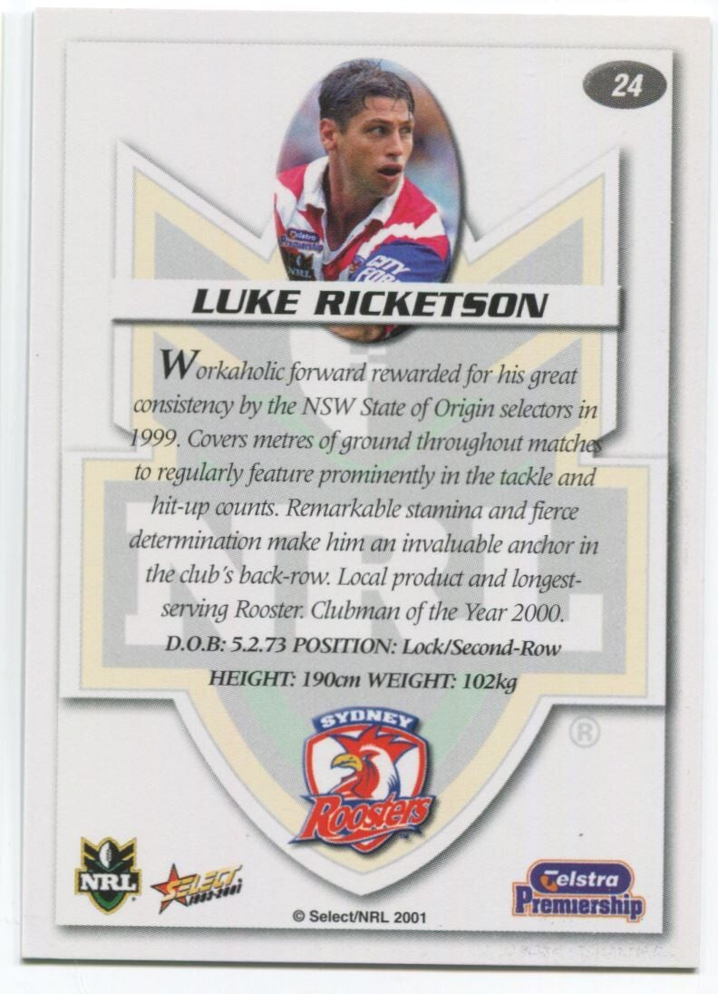 NRL 2001 Select Impact Sydney Roosters Luke Ricketson #24 Near Mint