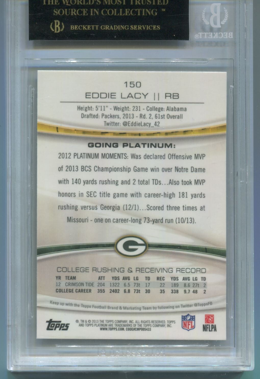 NFL 2013 Topps Platinum #150 Eddie Lacy (RC) BGS 10 Black Label Pristine