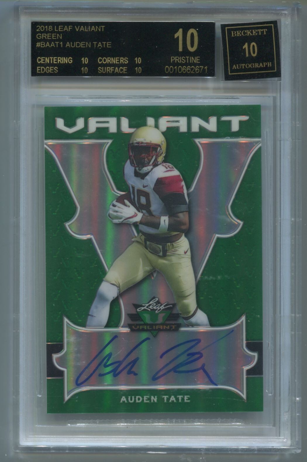 NFL 2018 Leaf Valiant Green Auden Tate /60 #BA-AT1 BGS 10 Black Label Pristine