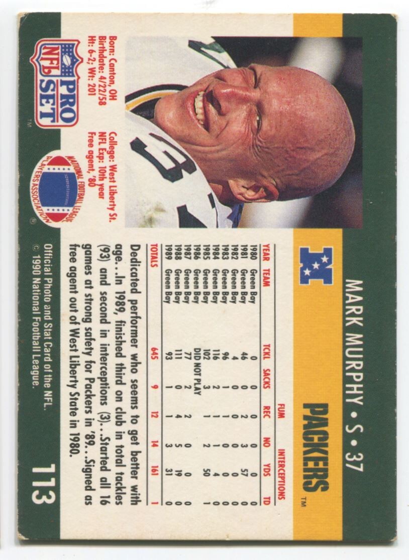 NFL 1990 Pro Set - #113 Mark Murphy Excellent