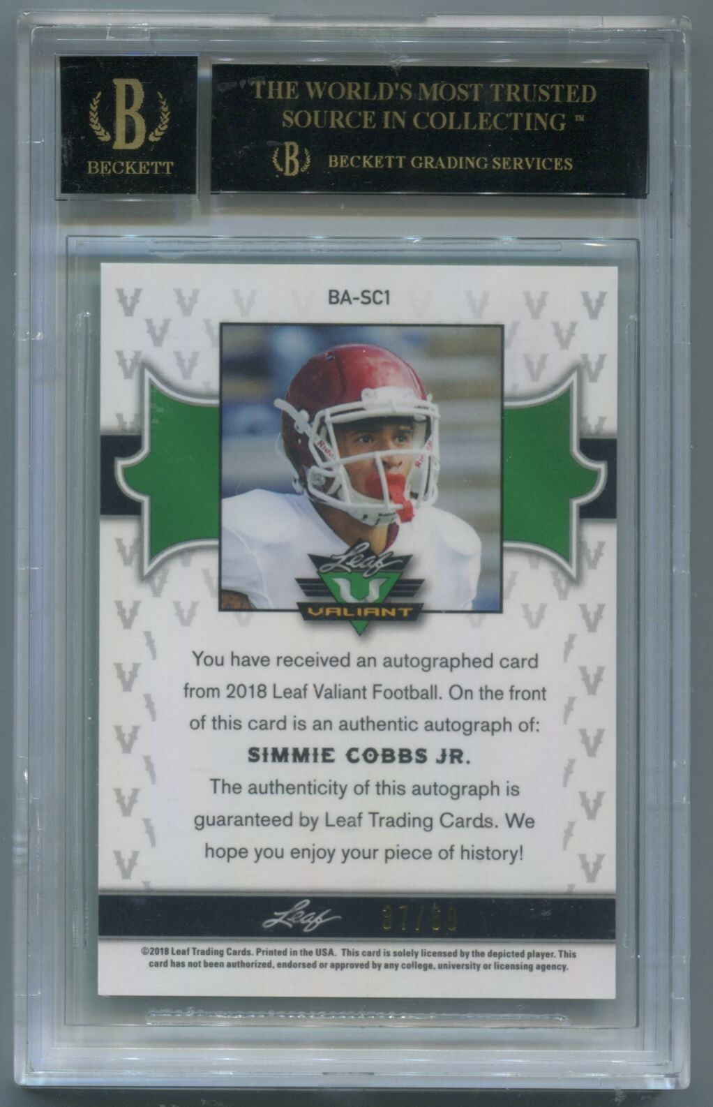 NFL 2018 Leaf Valiant Green #BA-SC1 Simmie Cobbs Jr. /60 (AU, RC) BGS 10 Black