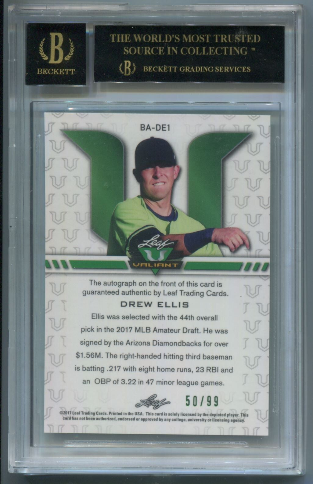 MLB 2017 Leaf Valiant Green Drew Ellis /99 #BA-DE1 BGS 10 Black Label Pristine